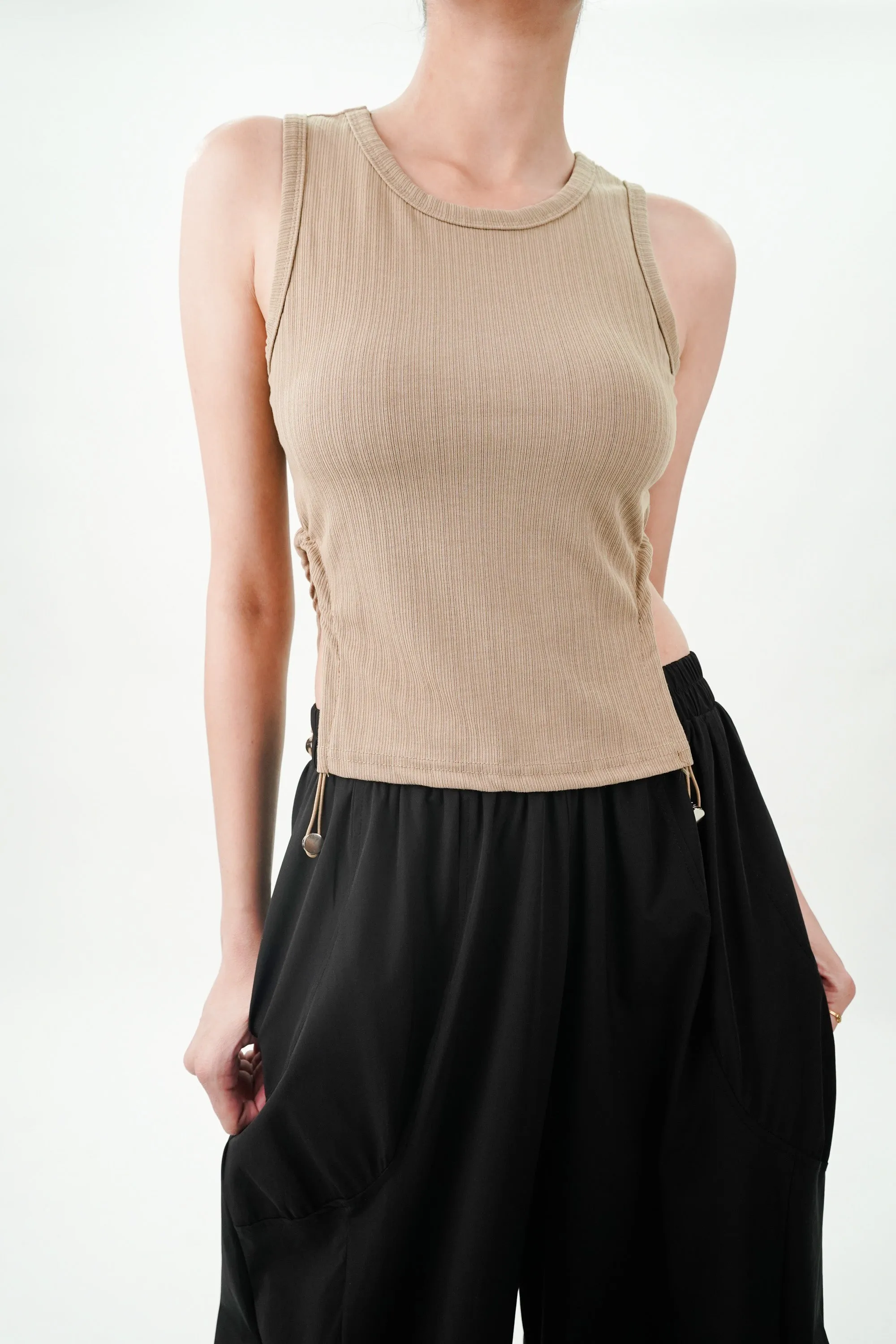 Brown Top With Drawstring On Side Slits