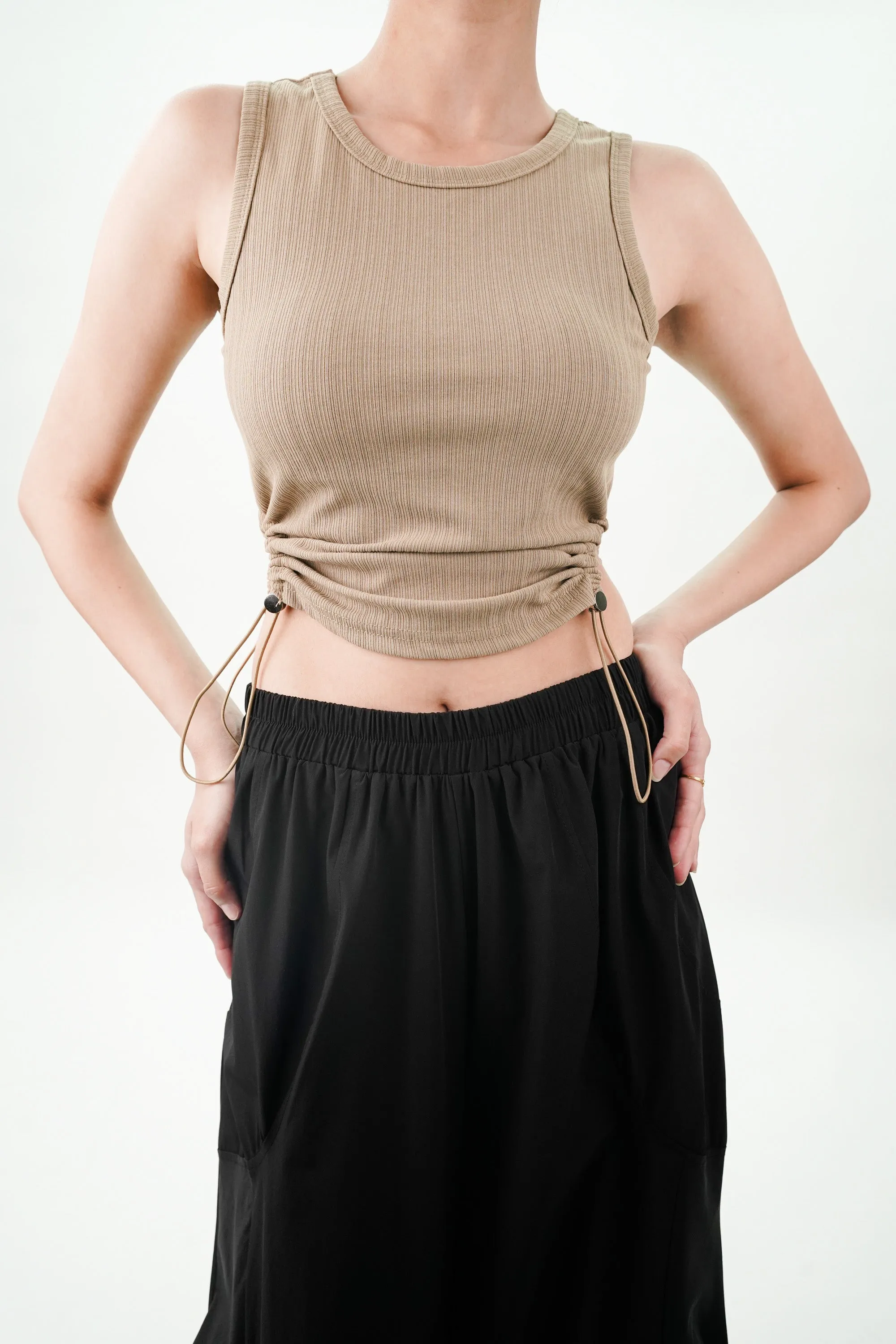Brown Top With Drawstring On Side Slits