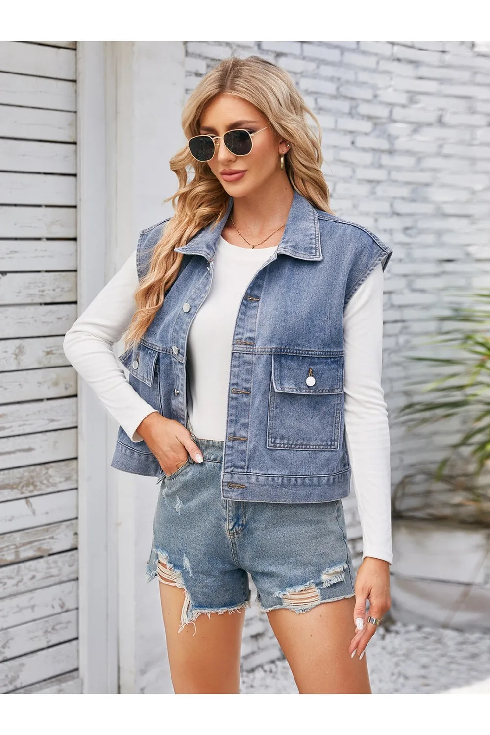 Cap Sleeve Denim Jacket with Pockets