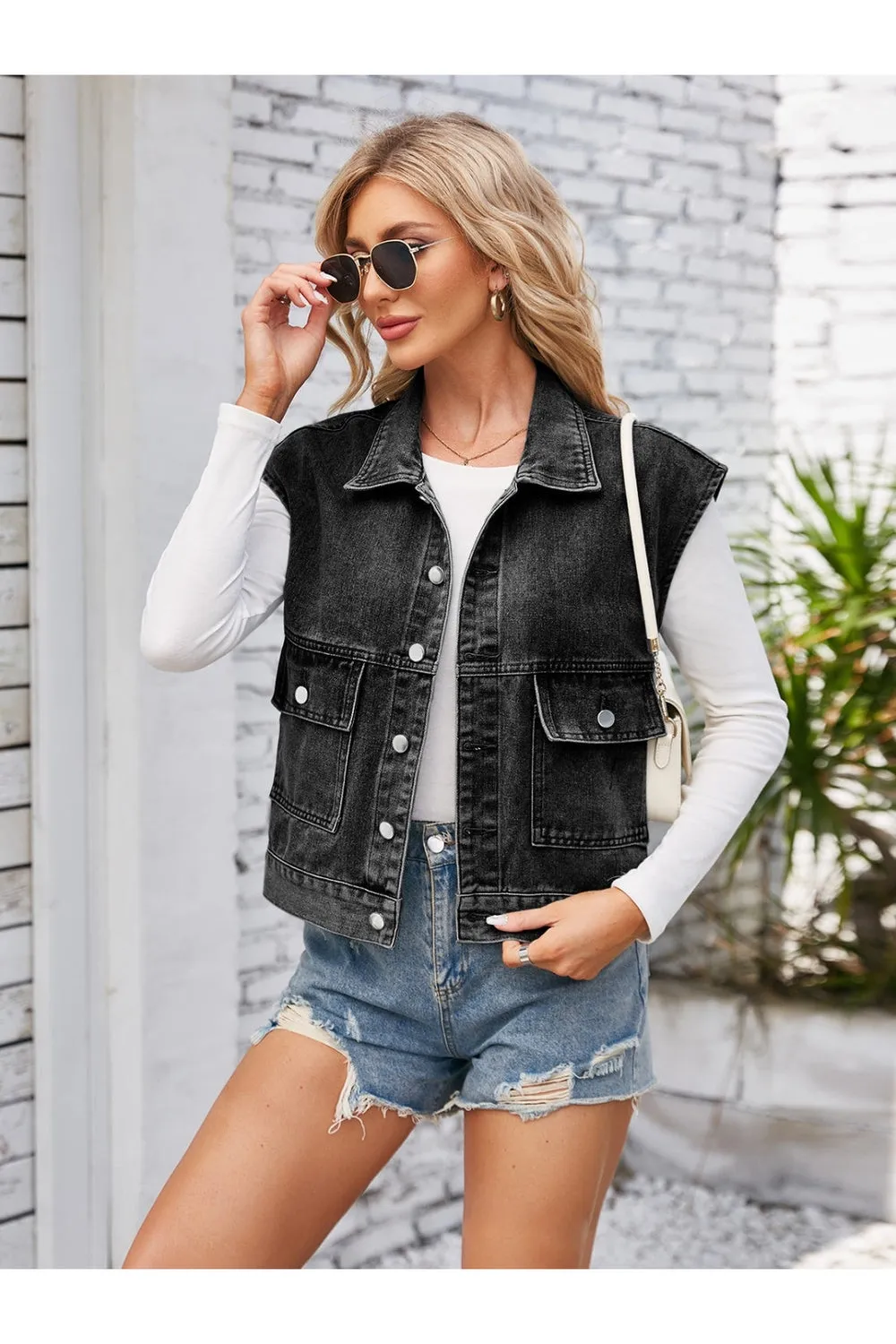 Cap Sleeve Denim Jacket with Pockets