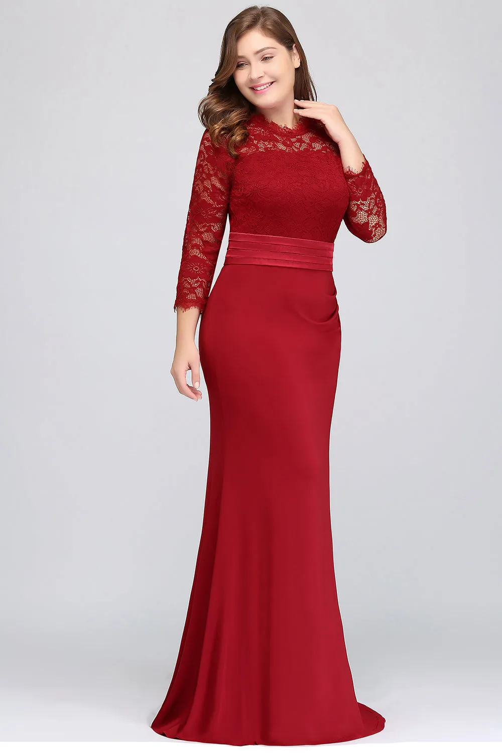 Charming Plus Sizes Long Lace Mermaid Bridesmaid Dress with Sleeves