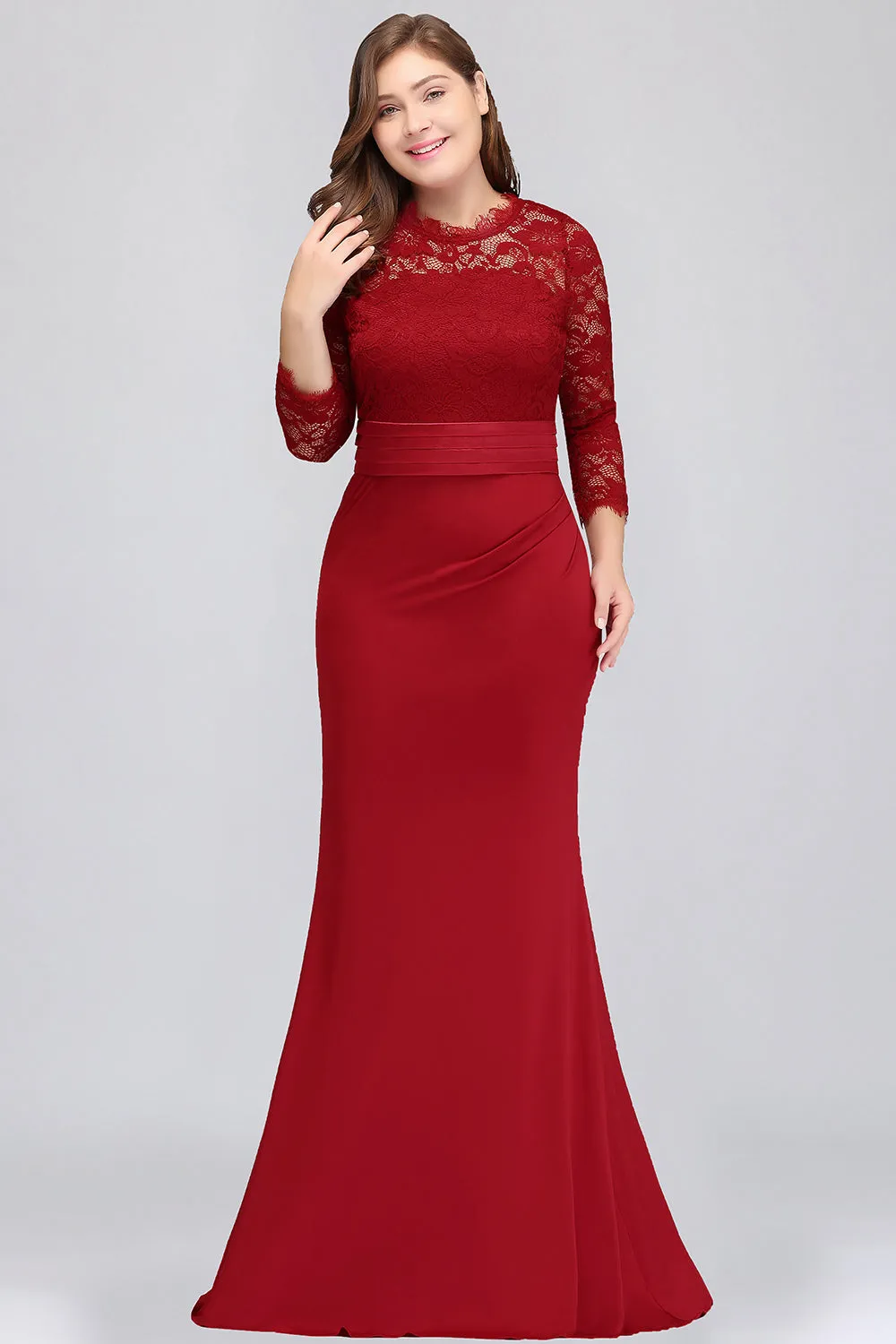 Charming Plus Sizes Long Lace Mermaid Bridesmaid Dress with Sleeves