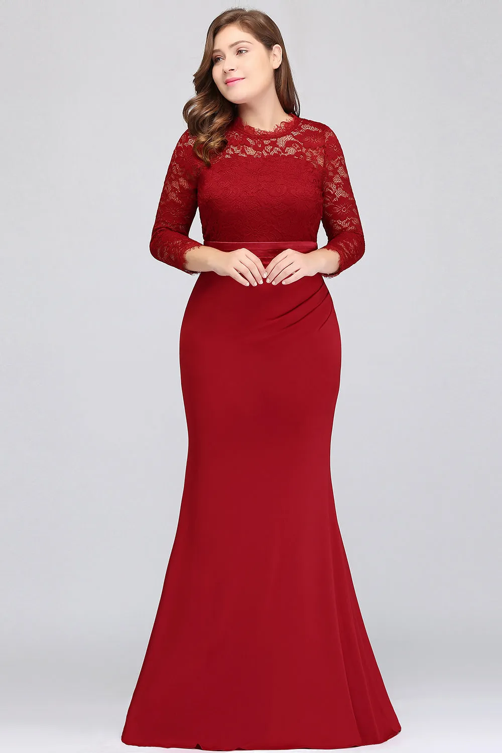 Charming Plus Sizes Long Lace Mermaid Bridesmaid Dress with Sleeves