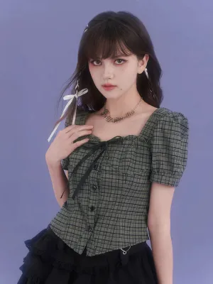 Check Girly Square Chic Neck Tops