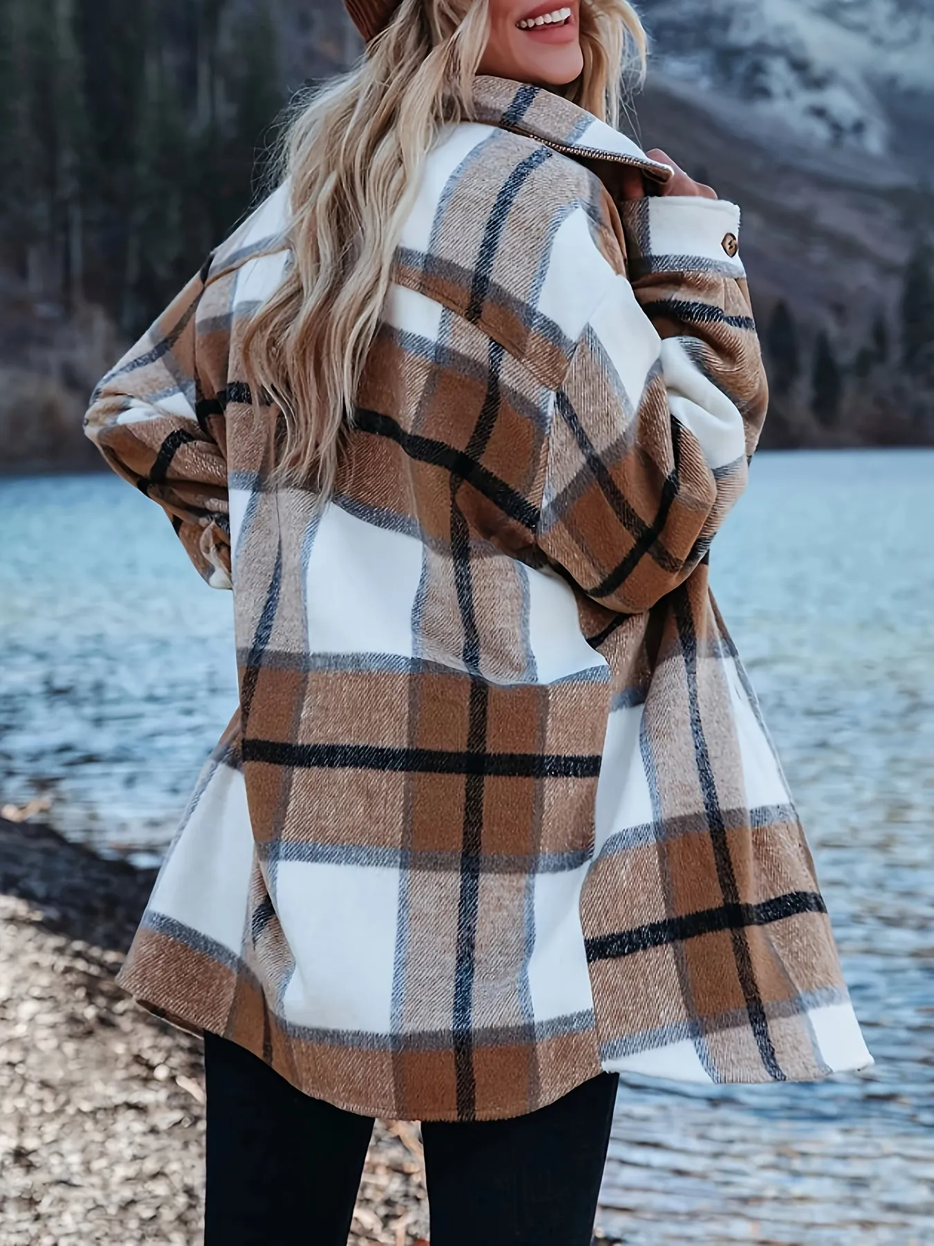 Chic Plaid Flannel Long Sleeve Shirt with Pockets - Casual Button-Up Collar, Machine Washable - Women's Fashion