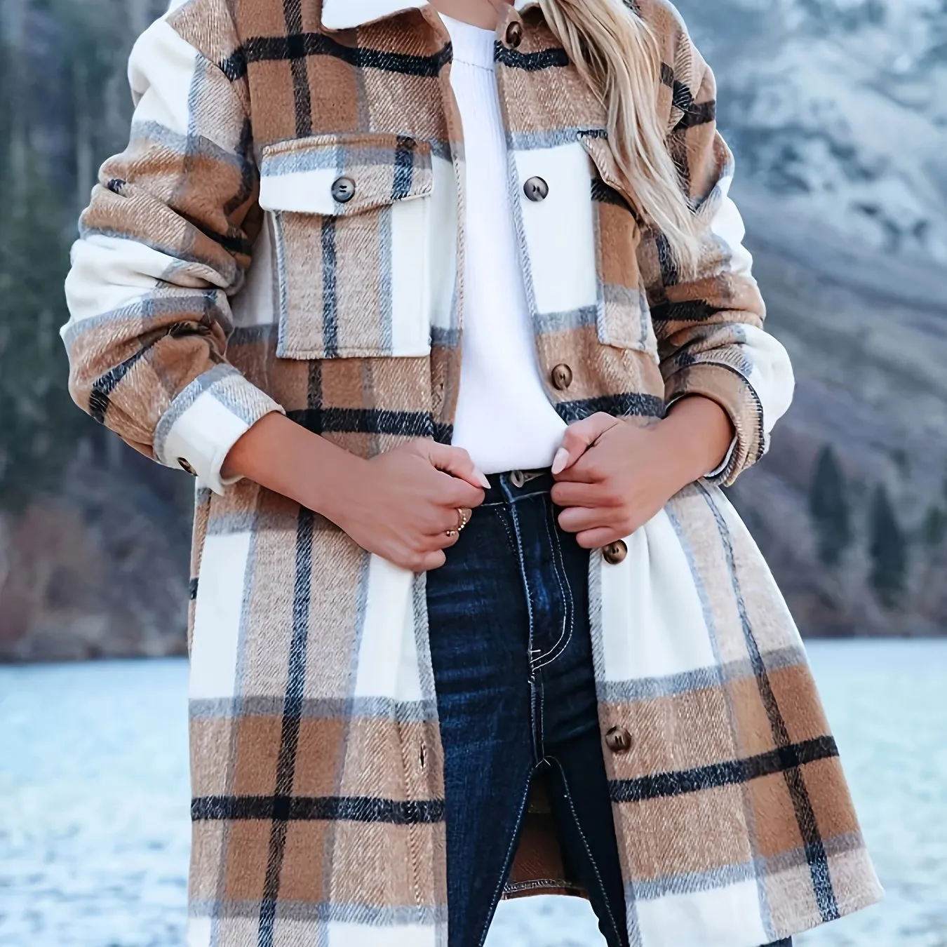 Chic Plaid Flannel Long Sleeve Shirt with Pockets - Casual Button-Up Collar, Machine Washable - Women's Fashion