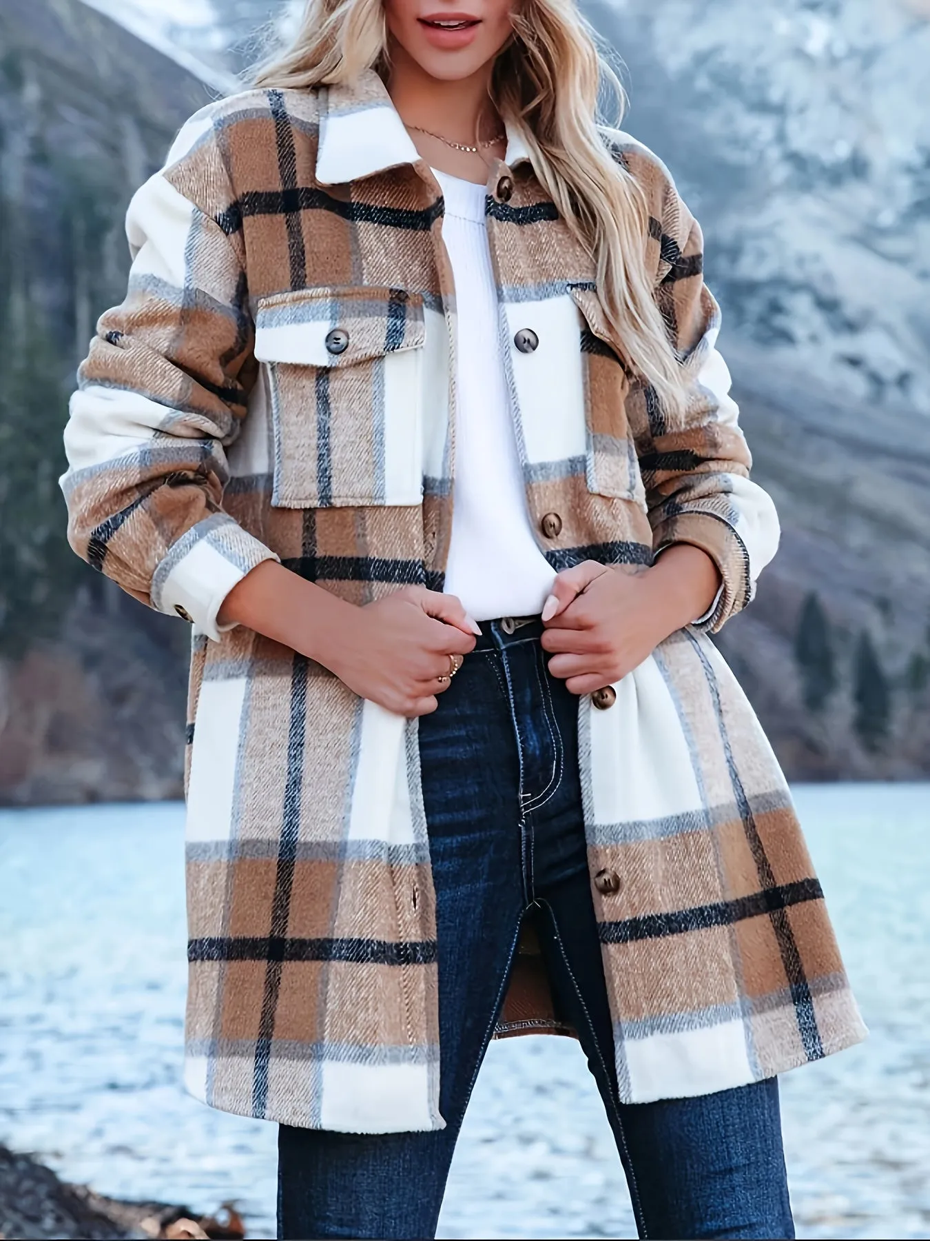 Chic Plaid Flannel Long Sleeve Shirt with Pockets - Casual Button-Up Collar, Machine Washable - Women's Fashion