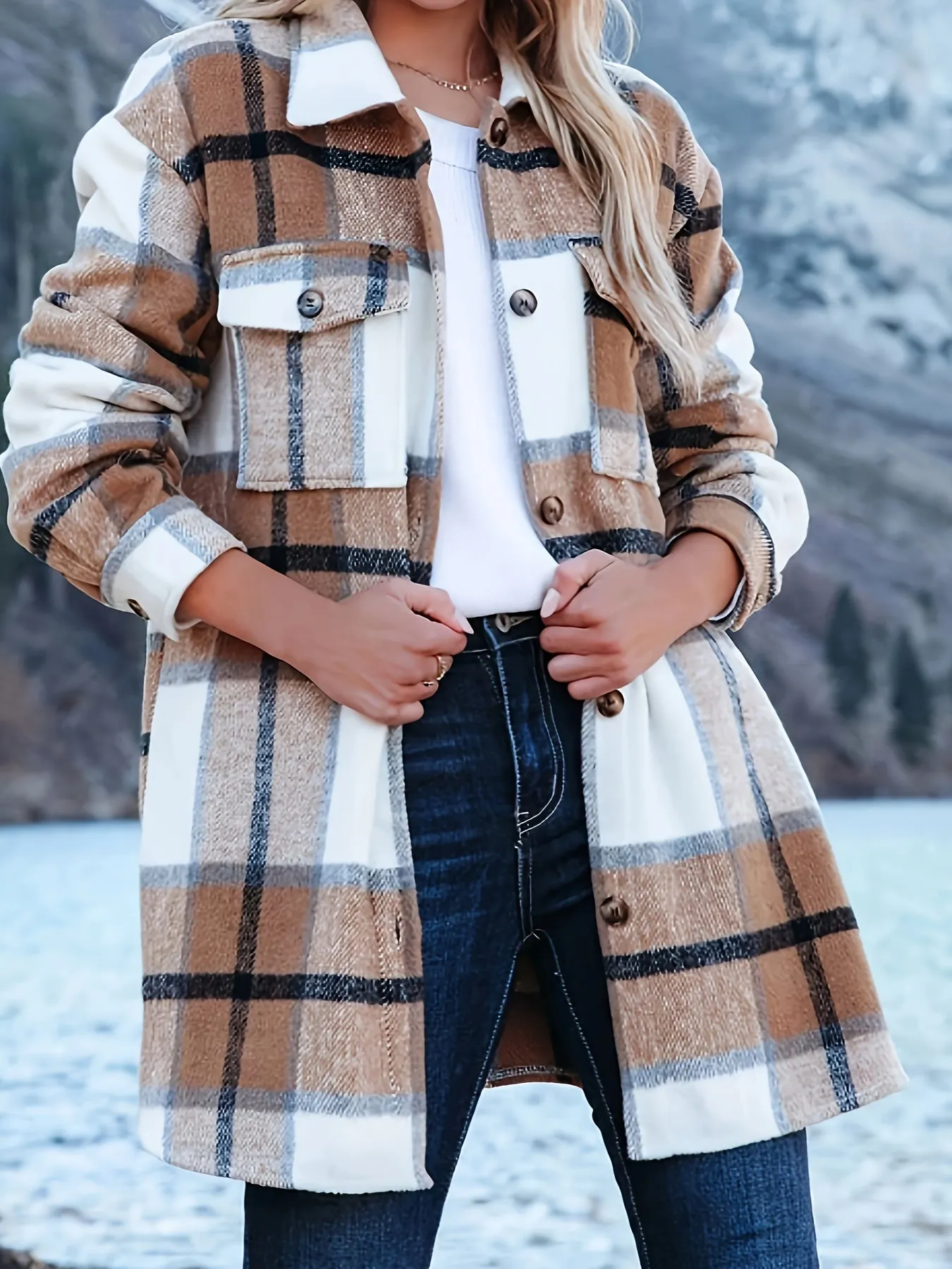 Chic Plaid Flannel Long Sleeve Shirt with Pockets - Casual Button-Up Collar, Machine Washable - Women's Fashion