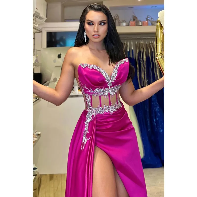 Chic Sweetheart Beaded Illusion Pleats Prom Dress Evening Gowns with Split