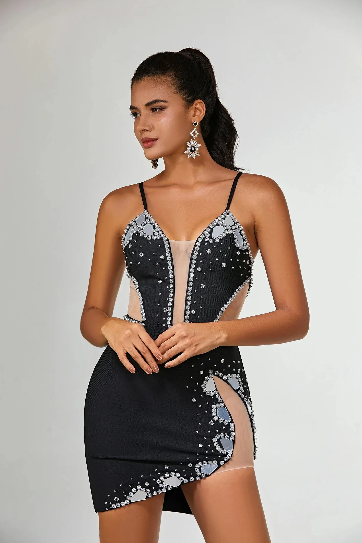 Cimmeria Rhinestone Spaghetti Strap Dress in Black