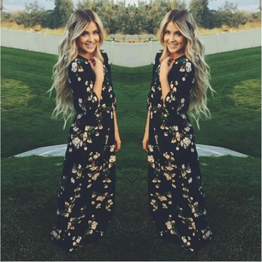 Clearance Floral O-neck Long Sleeve Long Dress