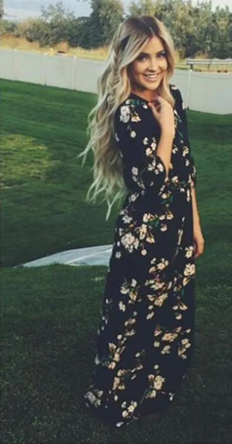 Clearance Floral O-neck Long Sleeve Long Dress