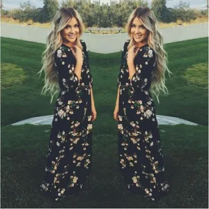 Clearance Floral O-neck Long Sleeve Long Dress