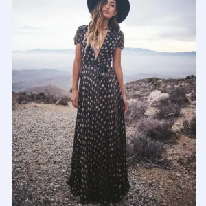 Clearance V-neck Flower Print High Waist Long Dress