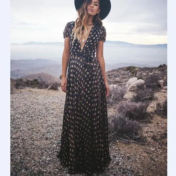 Clearance V-neck Flower Print High Waist Long Dress