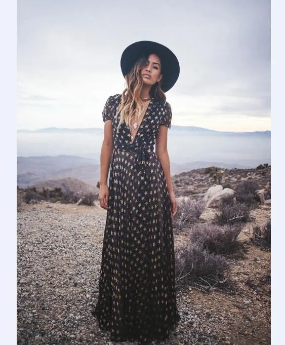Clearance V-neck Flower Print High Waist Long Dress