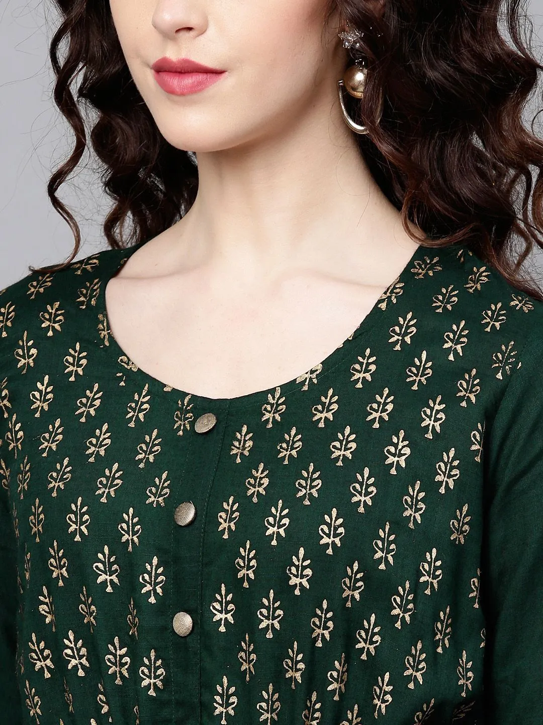 Comfy Green Cotton Printed A-Line Kurta Set with Palazzo Bottom and Side Tie-Up