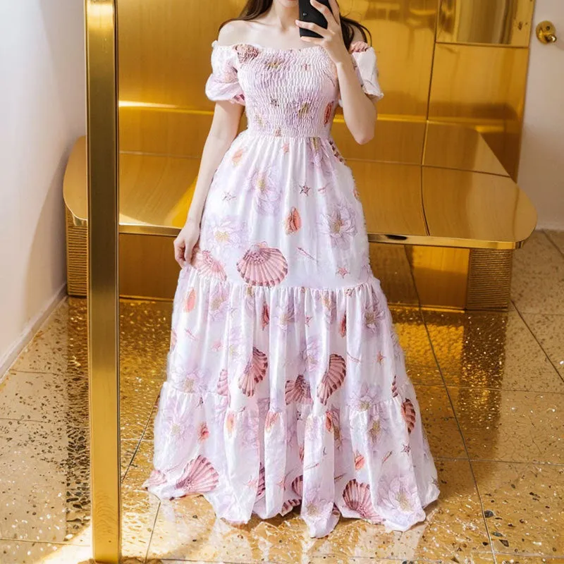 DEANWANGKT  Cross-Border New Arrival Summer European and American Women's Clothing off Shoulder Princess Dress Floral-Print off-Shoulder Swing Dress