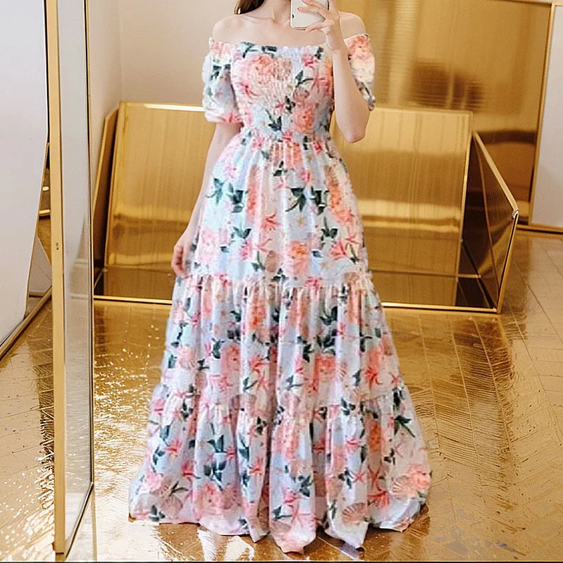 DEANWANGKT  Cross-Border New Arrival Summer European and American Women's Clothing off Shoulder Princess Dress Floral-Print off-Shoulder Swing Dress