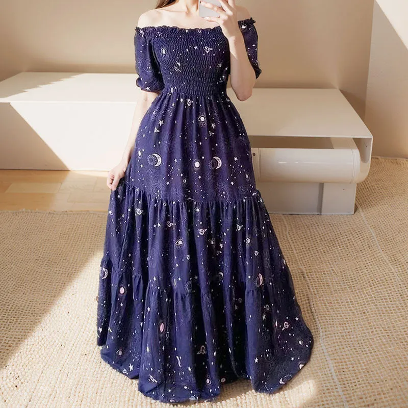 DEANWANGKT  Cross-Border New Arrival Summer European and American Women's Clothing off Shoulder Princess Dress Floral-Print off-Shoulder Swing Dress