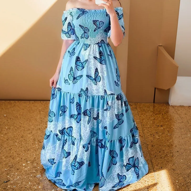 DEANWANGKT  Cross-Border New Arrival Summer European and American Women's Clothing off Shoulder Princess Dress Floral-Print off-Shoulder Swing Dress