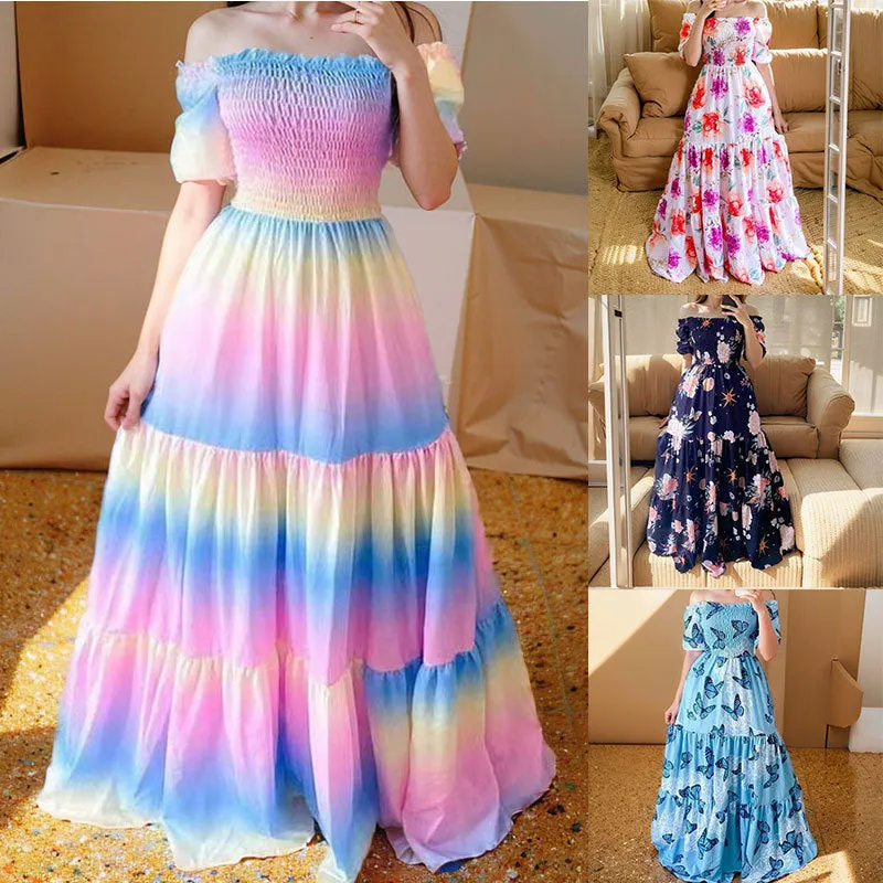 DEANWANGKT  Cross-Border New Arrival Summer European and American Women's Clothing off Shoulder Princess Dress Floral-Print off-Shoulder Swing Dress