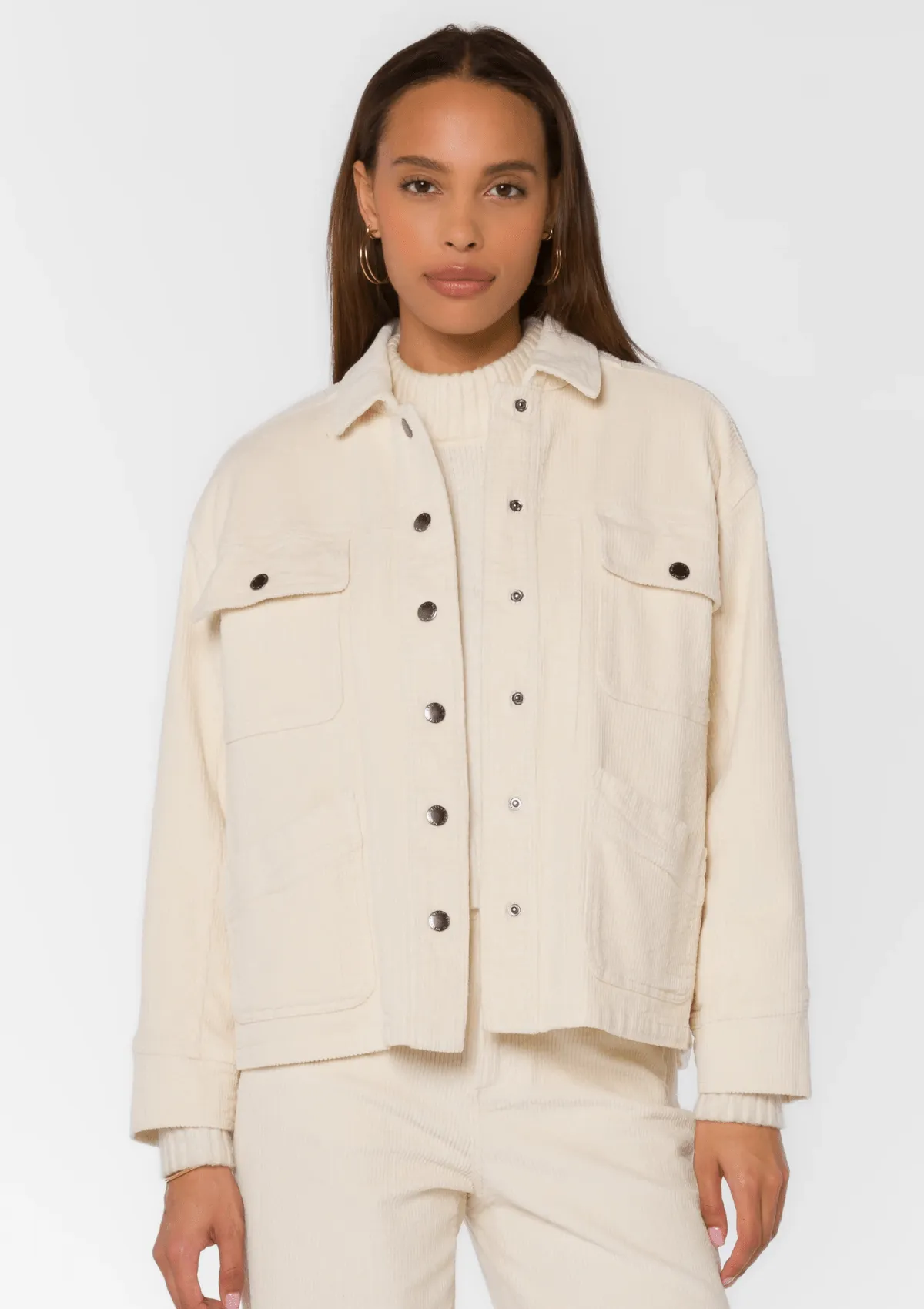 Dominic Long Sleeve Boxy Long Sleeve, Front Button Corduroy Jacket