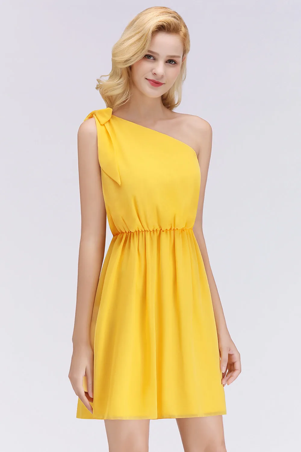 Elegant Short Chiffon One Shoulder Bridesmaid Dresses with Bow