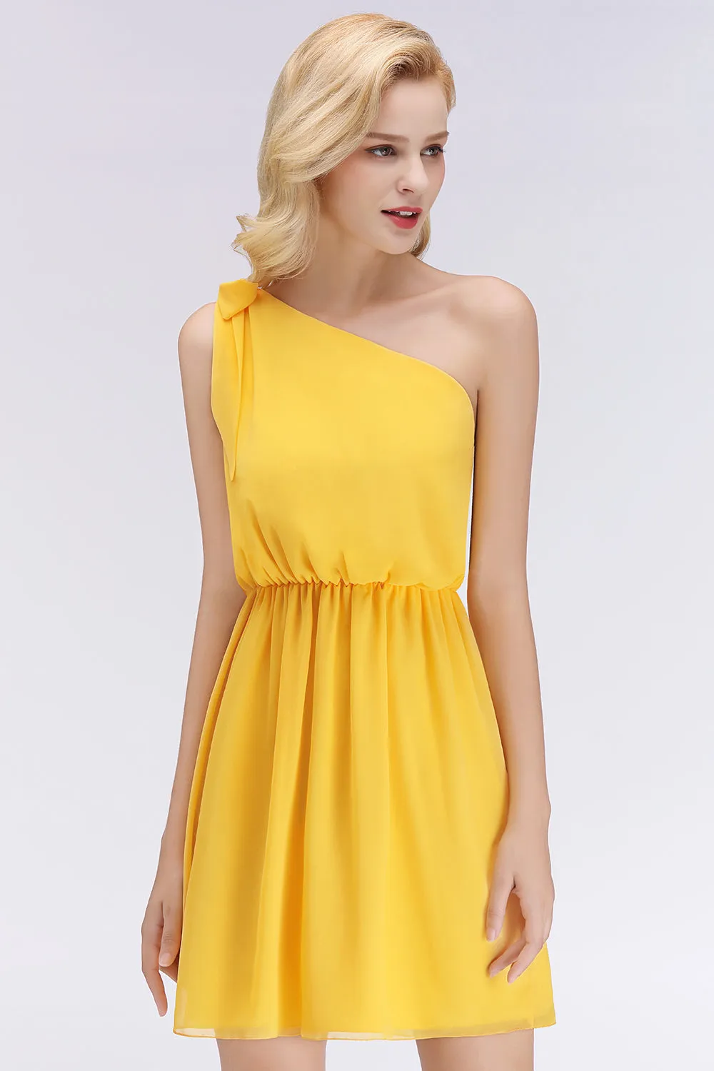 Elegant Short Chiffon One Shoulder Bridesmaid Dresses with Bow