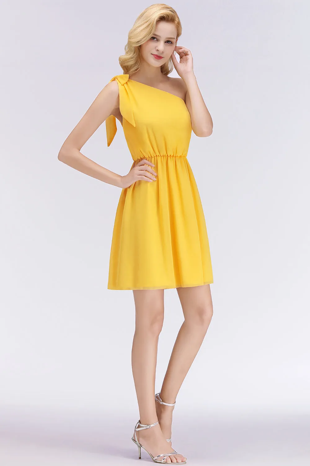 Elegant Short Chiffon One Shoulder Bridesmaid Dresses with Bow