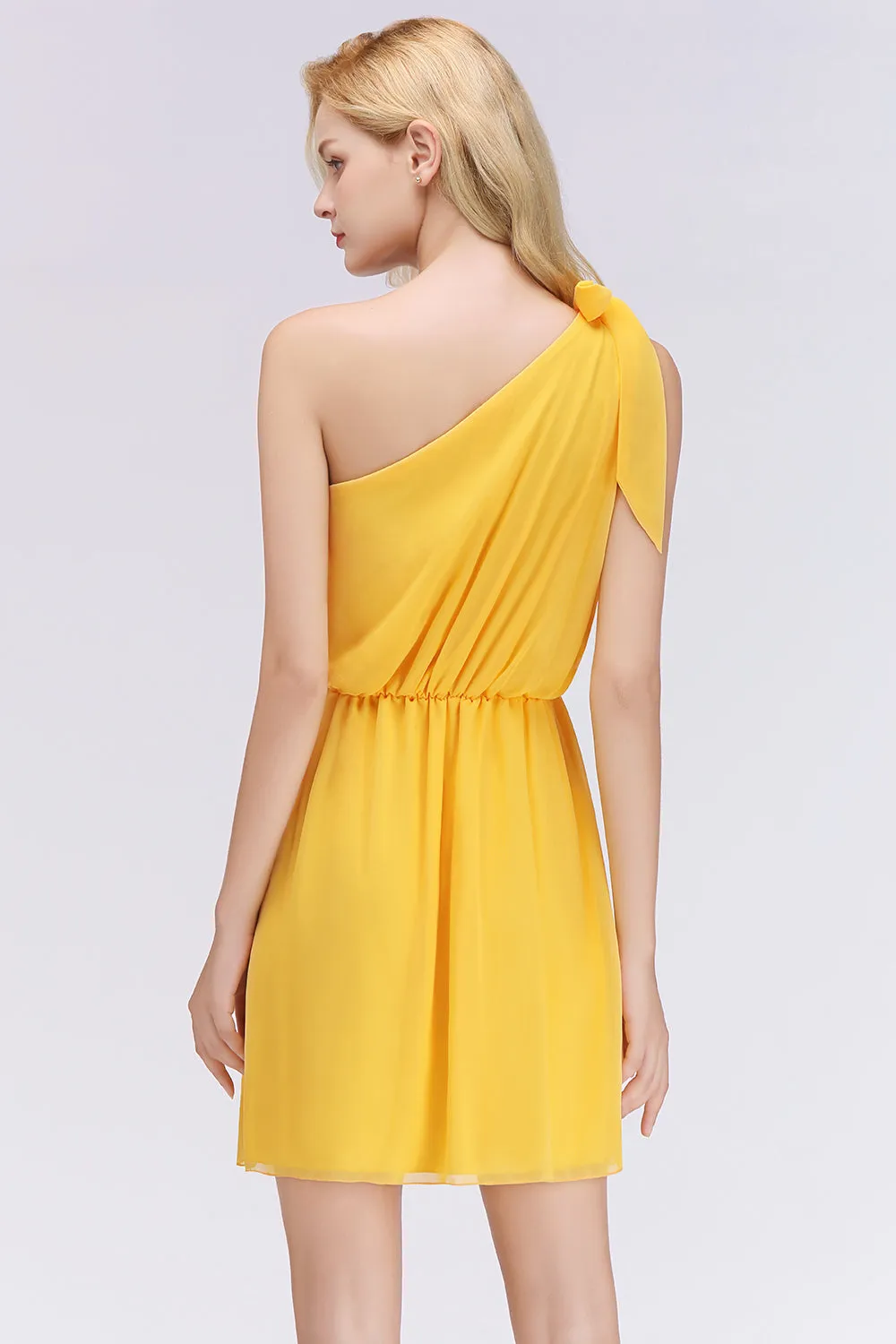Elegant Short Chiffon One Shoulder Bridesmaid Dresses with Bow