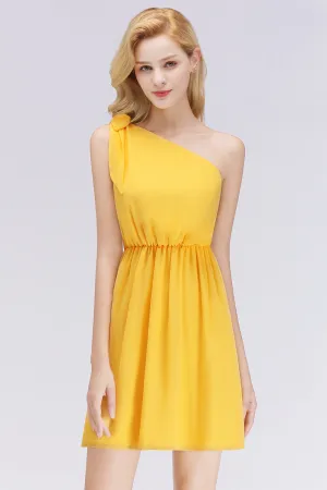Elegant Short Chiffon One Shoulder Bridesmaid Dresses with Bow