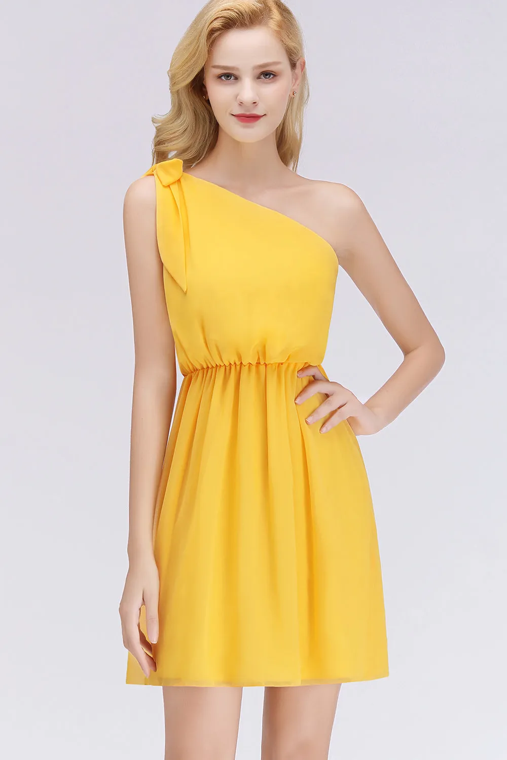Elegant Short Chiffon One Shoulder Bridesmaid Dresses with Bow