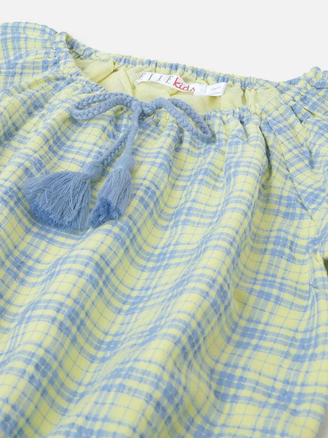 Elle Girls Yellow Checked Round Neck Short Sleeves Top