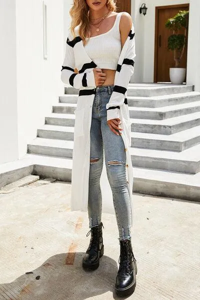 Extra Stylish Striped Button Up Longline Cardigan