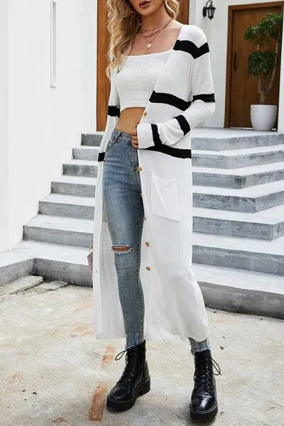 Extra Stylish Striped Button Up Longline Cardigan