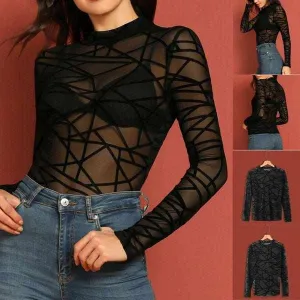 Fashion Ladies Sexy O-Neck Long Sleeve Grid Mesh Print Perspective Casual Tops