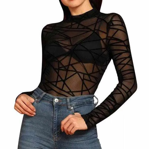 Fashion Ladies Sexy O-Neck Long Sleeve Grid Mesh Print Perspective Casual Tops