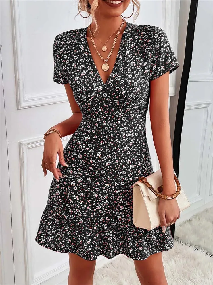 FashionSierra - 2024 Summer Short V-Neck Floral Ladies Mini Boho Dress
