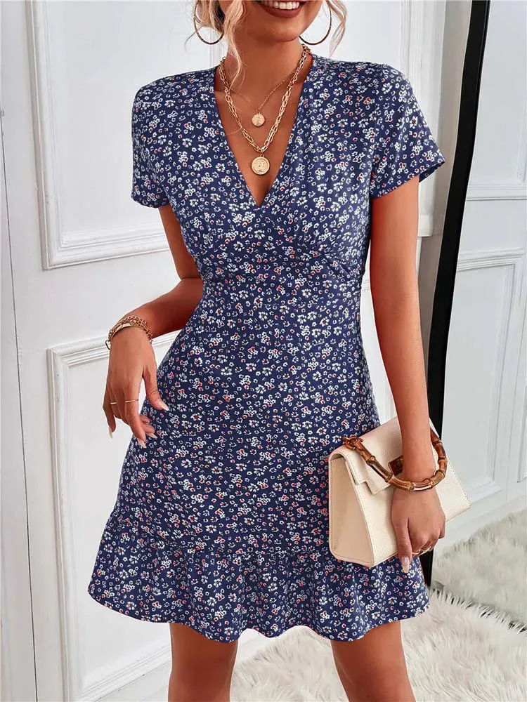 FashionSierra - 2024 Summer Short V-Neck Floral Ladies Mini Boho Dress