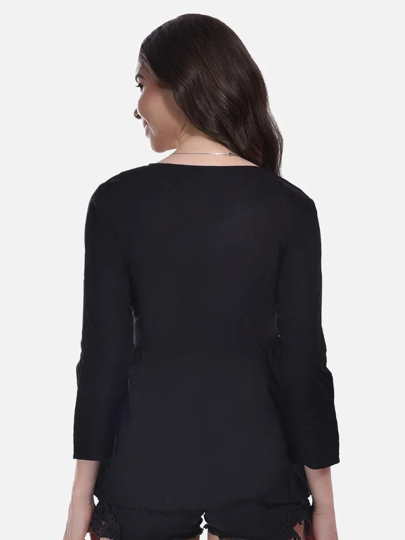FIMS Fashion Women Cotton Pleated & Gathered Embroidery Stone Full Sleeves Black