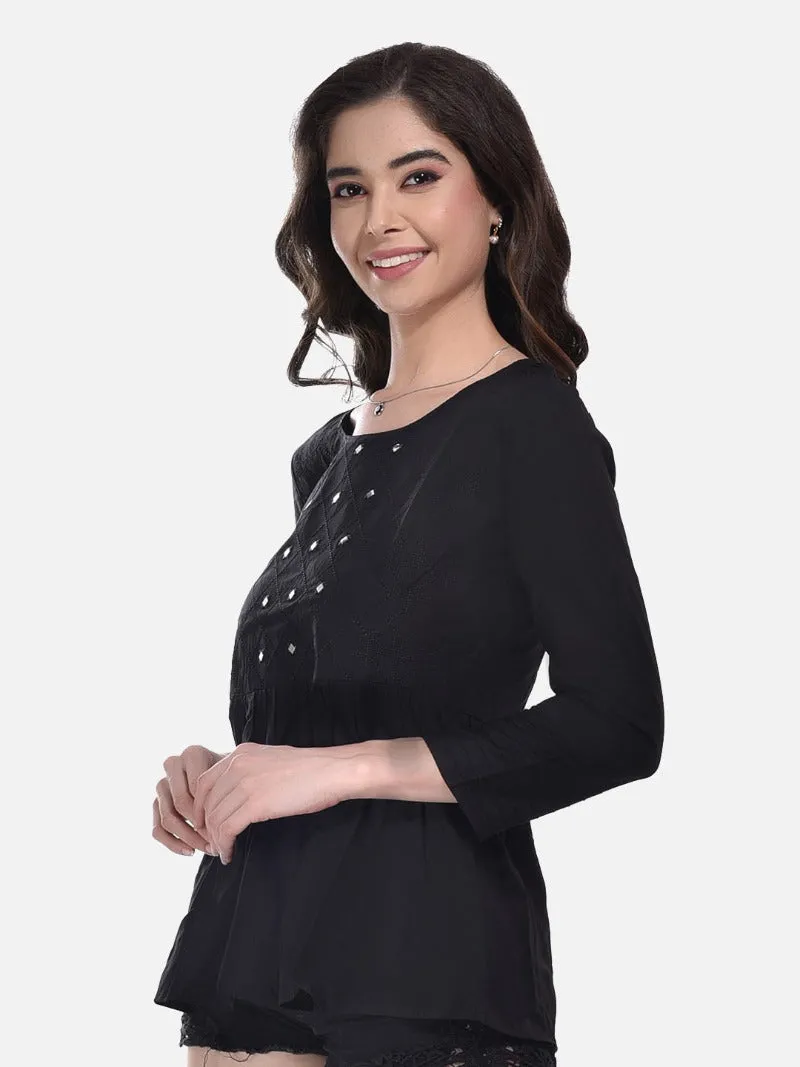 FIMS Fashion Women Cotton Pleated & Gathered Embroidery Stone Full Sleeves Black