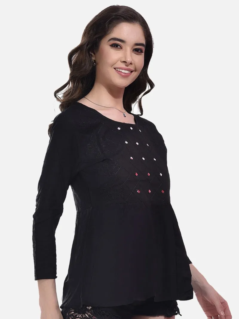 FIMS Fashion Women Cotton Pleated & Gathered Embroidery Stone Full Sleeves Black