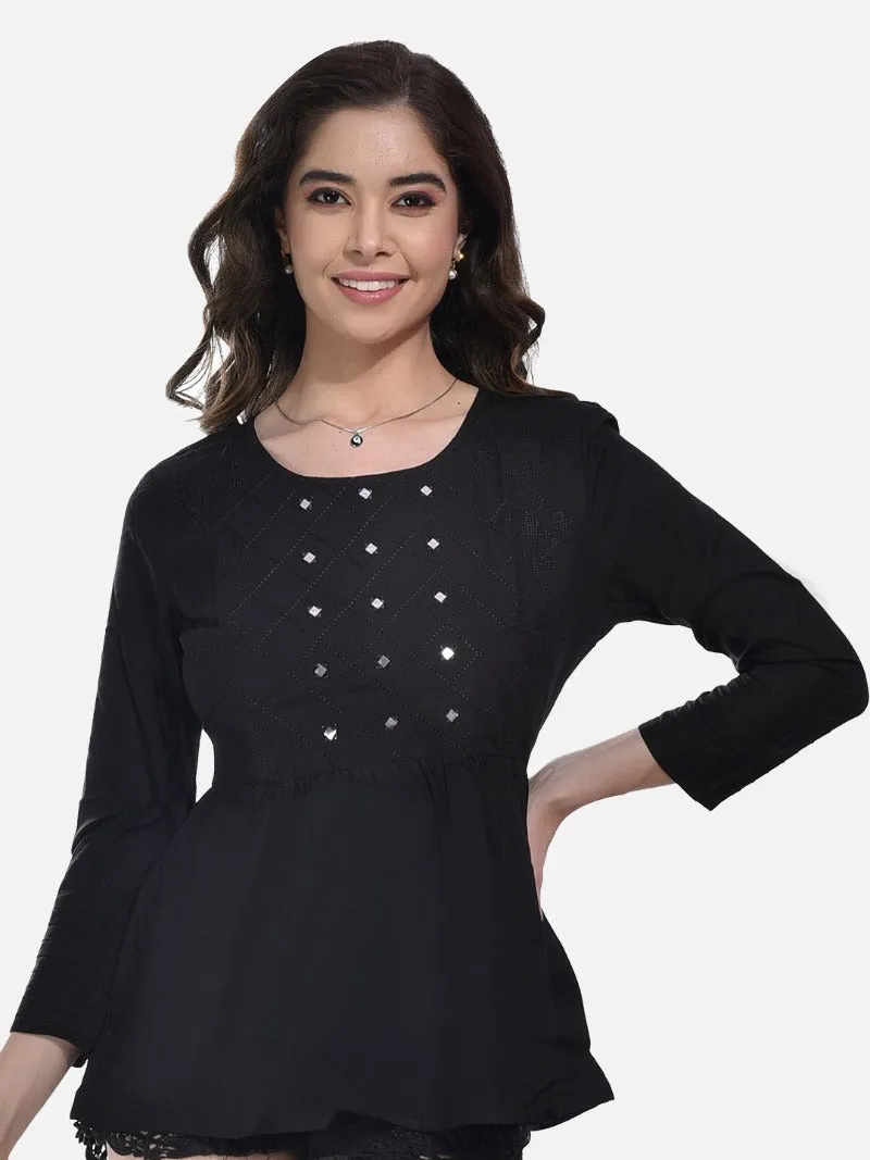 FIMS Fashion Women Cotton Pleated & Gathered Embroidery Stone Full Sleeves Black