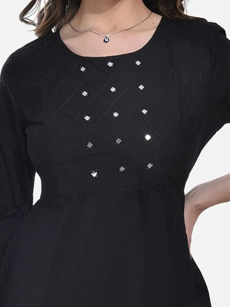 FIMS Fashion Women Cotton Pleated & Gathered Embroidery Stone Full Sleeves Black