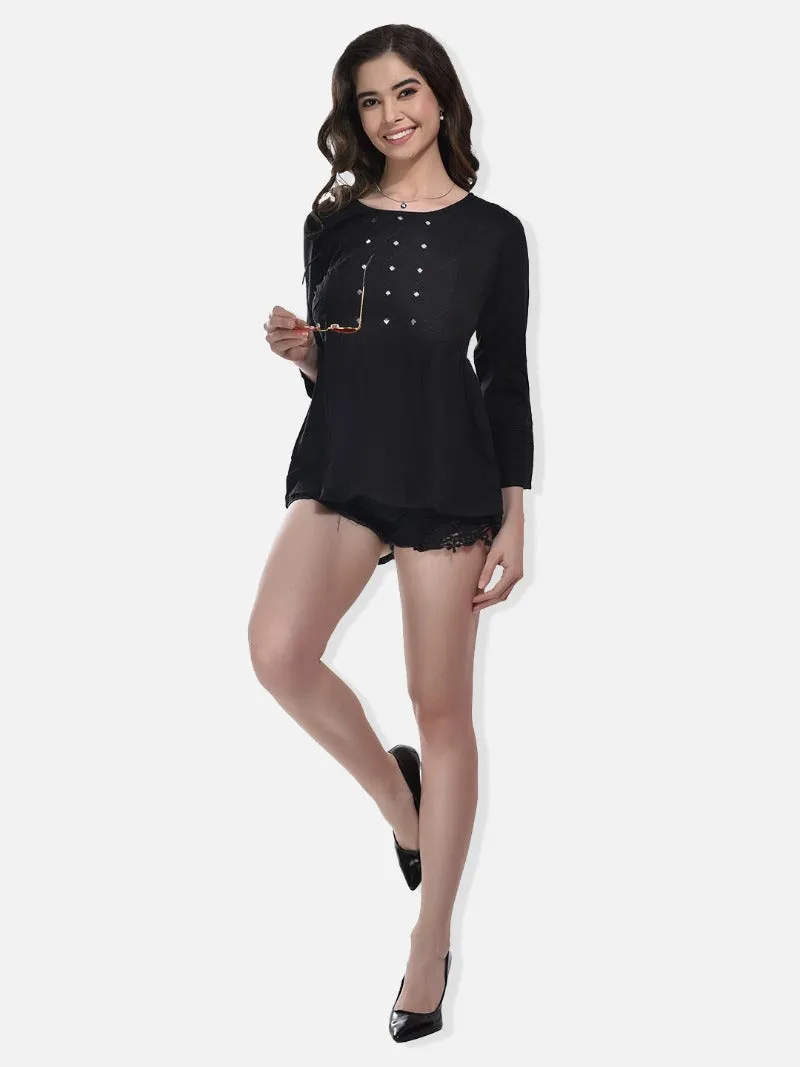 FIMS Fashion Women Cotton Pleated & Gathered Embroidery Stone Full Sleeves Black