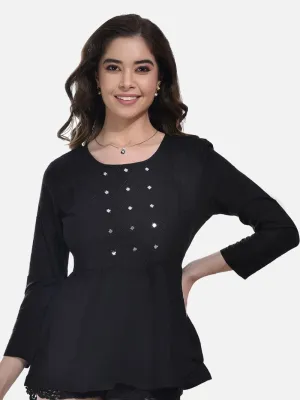 FIMS Fashion Women Cotton Pleated & Gathered Embroidery Stone Full Sleeves Black