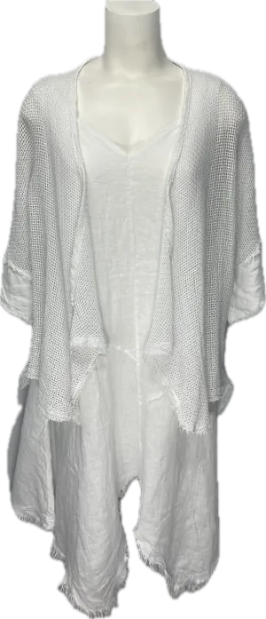 Fishnet Crochet Cardigan with Linen Trim