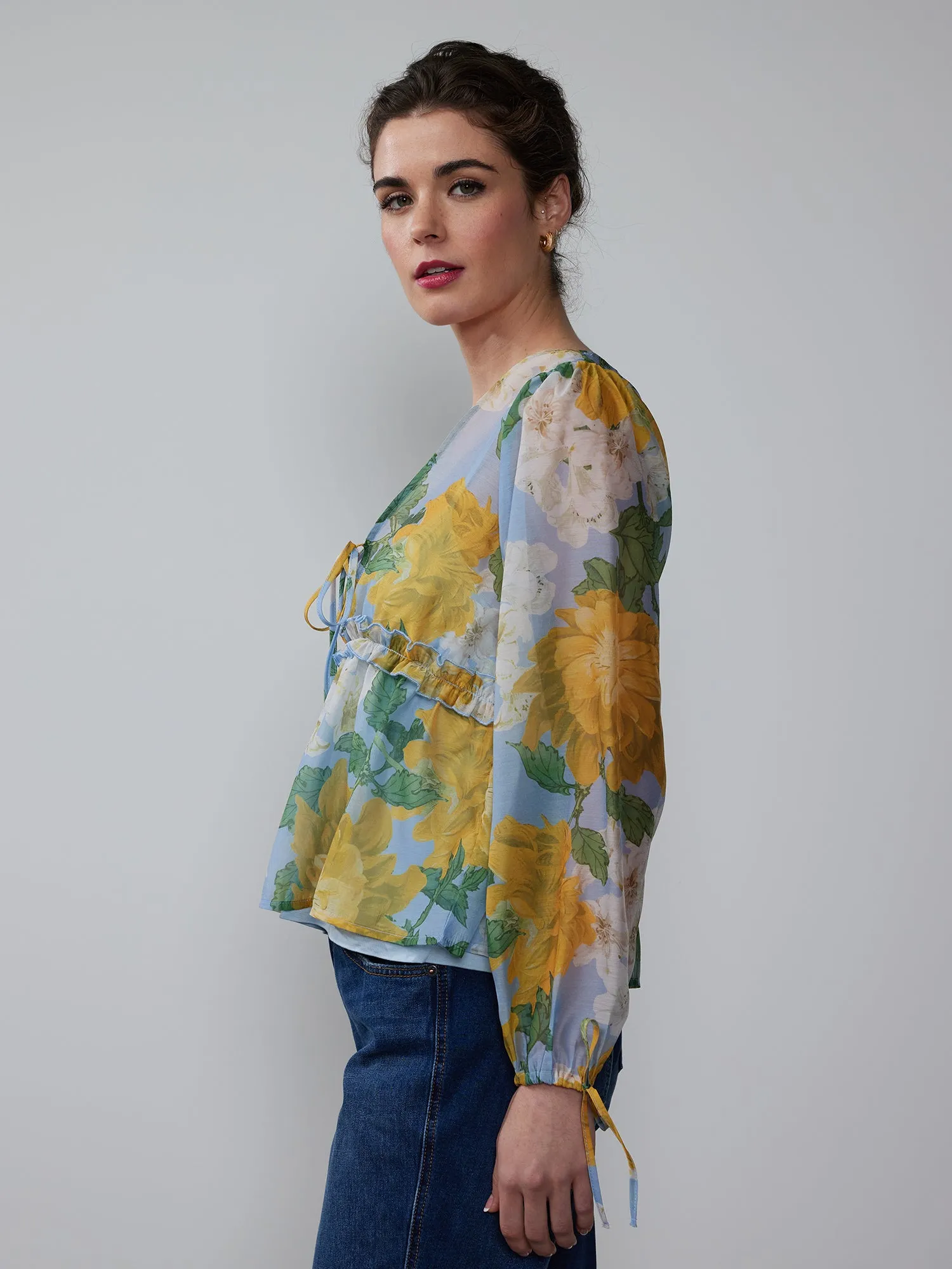 Floral Tie Sleeve Organza Baby Doll Blouse