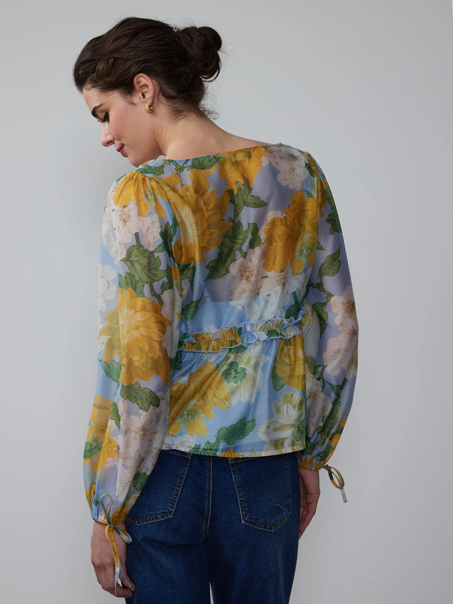 Floral Tie Sleeve Organza Baby Doll Blouse